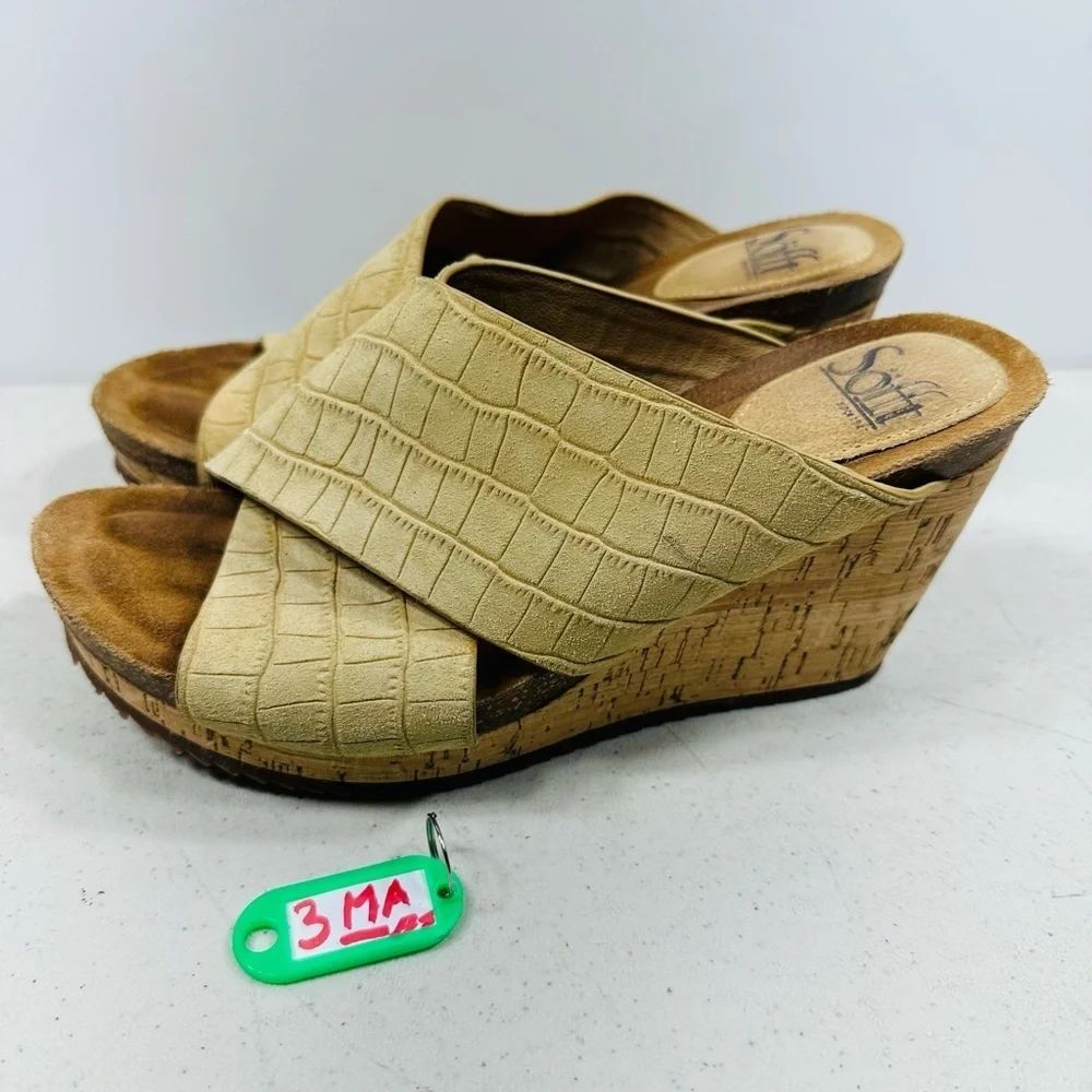 Sofft Tan Leather Cork Wedge Open Toe Slip On Sandals Wms 8M